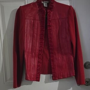Red Leather Ruffle-Trim Jacket